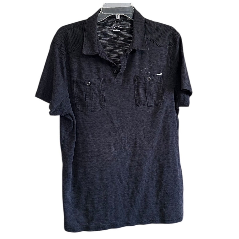 Rock & Republic Mens Short Sleeve Polo Shirt Black Slub‎ Knit Utility Pockets XL